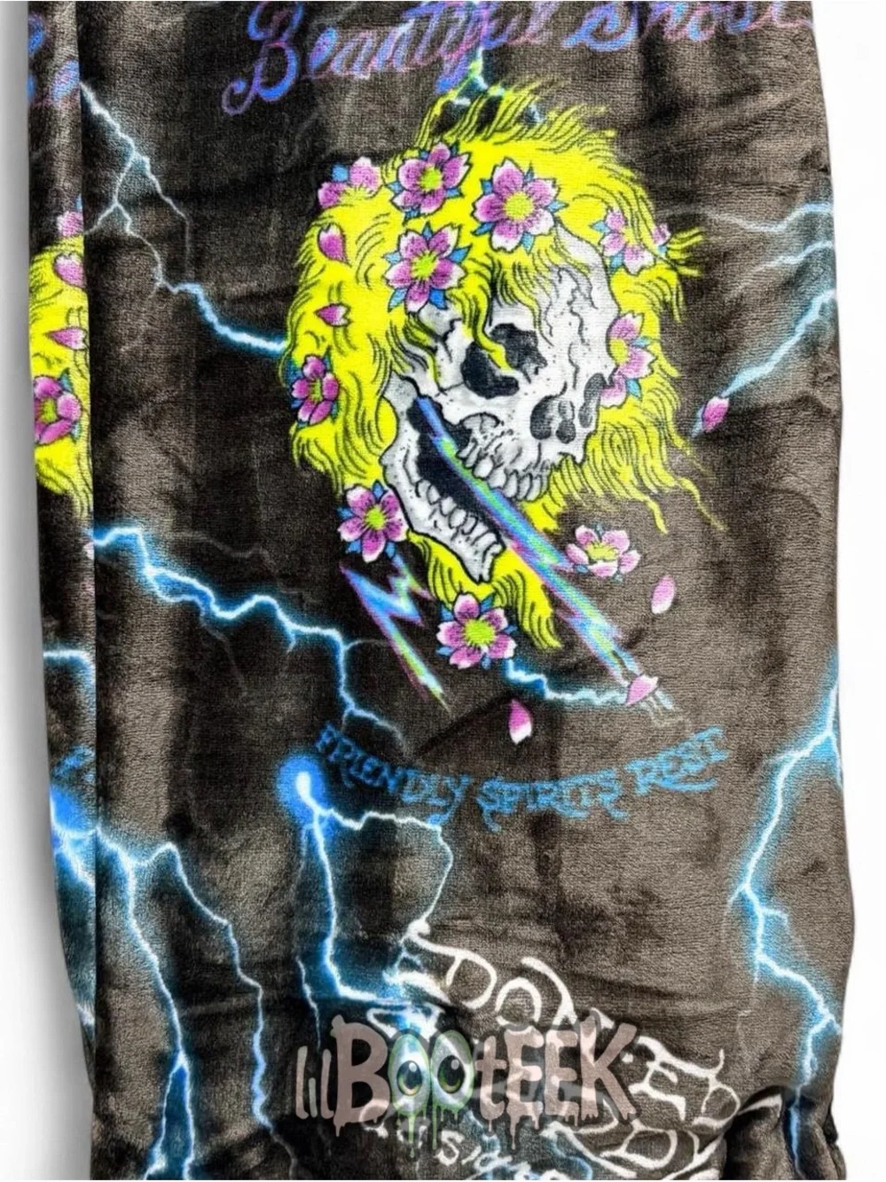 Ed Hardy Halloween Spooky Plush Oversized Throw Blanket Blue Lightning w Skulls